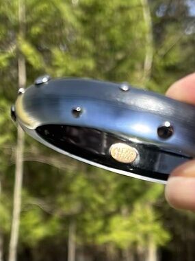ALEXIS BITTAR Gray Blue Lucite Hinged Bangle Bracelet Studded